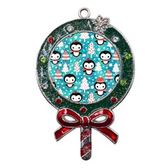 Blue Penguin Pattern, Adoxali, Christmas, Cute Metal X mas Lollipop With Crystal Ornament