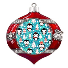 Blue Penguin Pattern, Adoxali, Christmas, Cute Metal Snowflake And Bell Red Ornament by kyorashop23