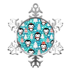 Blue Penguin Pattern, Adoxali, Christmas, Cute Metal Small Snowflake Ornament by kyorashop23