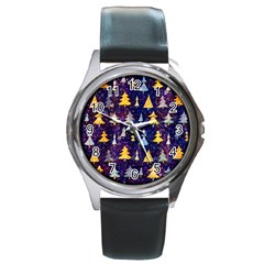 Gold And Blue Trees, Adoxali, Christmas Round Metal Watch by kyorashop23