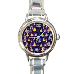 Gold And Blue Trees, Adoxali, Christmas Round Italian Charm Watch by kyorashop23