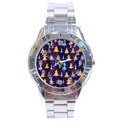 Gold And Blue Trees, Adoxali, Christmas Stainless Steel Analogue Watch by kyorashop23