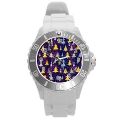 Gold And Blue Trees, Adoxali, Christmas Round Plastic Sport Watch (l) by kyorashop23