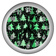 Green Christmas Trees, Adoxali, Scandinavian Wall Clock (silver) by kyorashop23