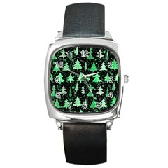 Green Christmas Trees, Adoxali, Scandinavian Square Metal Watch by kyorashop23