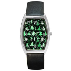 Green Christmas Trees, Adoxali, Scandinavian Barrel Style Metal Watch by kyorashop23