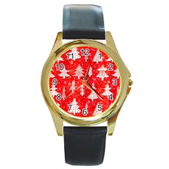 White And Red Trees, Adoxali, Christmas Round Gold Metal Watch by kyorashop23