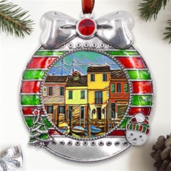 Colorful Venice Homes - Venezia, Italy Metal X mas Ribbon With Red Crystal Round Ornament by ConteMonfrey