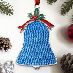 Blue Denim Jeans Like Metal Holly Leaf Bell Ornament by ConteMonfrey