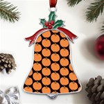 Black And Orange Pumpkin Metal Holly Leaf Bell Ornament Front