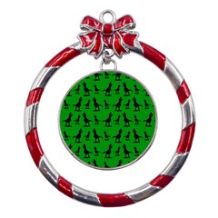 Dinos On A Green Background Metal Red Ribbon Round Ornament by ConteMonfrey