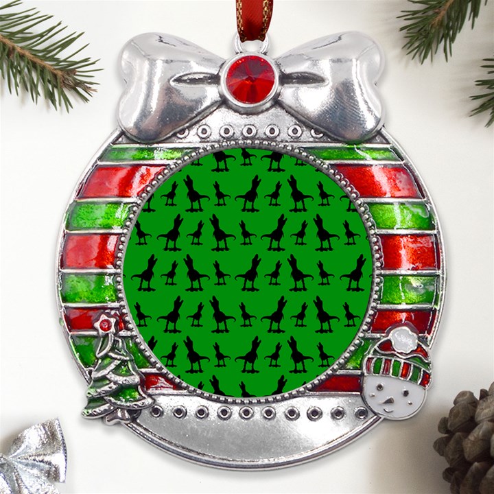 Dinos on a green background Metal X Mas Ribbon With Red Crystal Round Ornament