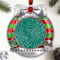 Tropical Green Monstera  Metal X mas Ribbon With Red Crystal Round Ornament by ConteMonfrey