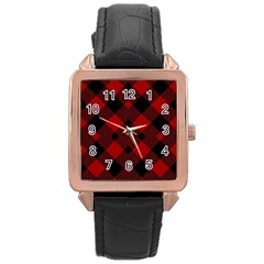 Red Diagonal Plaid Big Rose Gold Leather Watch  by ConteMonfrey