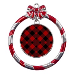 Red Diagonal Plaid Big Metal Red Ribbon Round Ornament by ConteMonfrey