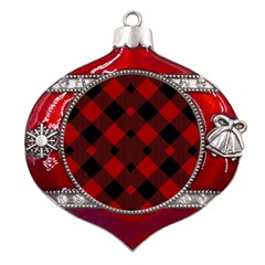 Red Diagonal Plaid Big Metal Snowflake And Bell Red Ornament by ConteMonfrey