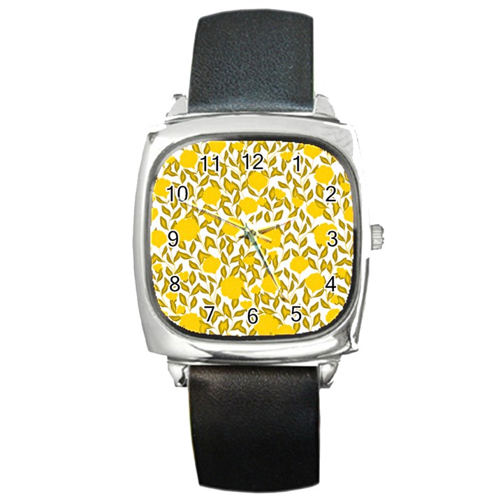 Yellow Flowers Roses On The Wall Lemons Square Metal Watch