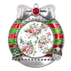 Floral Elements Peony Chinese Rose Metal X mas Ribbon With Red Crystal Round Ornament