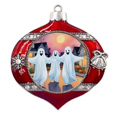 Friendly Ghosts Metal Snowflake And Bell Red Ornament