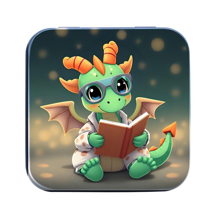 Baby dragon reading a book Square Metal Box (Black)