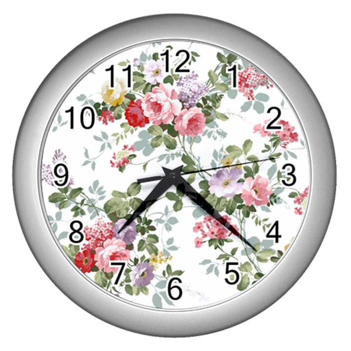 Floral Elements Peony Chinese Rose Wall Clock (Silver)