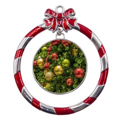 Christmas Tree Ornament Deco Metal Red Ribbon Round Ornament