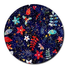 Festive Floral Pattern Christmas Blue Floral Flower Foliage Leaves Pattern Red Snow Winter Round Mousepad by Maspions