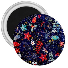 Festive Floral Pattern Christmas Blue Floral Flower Foliage Leaves Pattern Red Snow Winter 3  Magnets