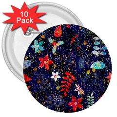 Festive Floral Pattern Christmas Blue Floral Flower Foliage Leaves Pattern Red Snow Winter 3  Buttons (10 Pack) 