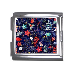 Festive Floral Pattern Christmas Blue Floral Flower Foliage Leaves Pattern Red Snow Winter Mega Link Italian Charm (18mm)