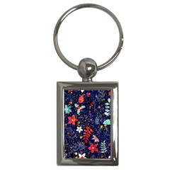 Festive Floral Pattern Christmas Blue Floral Flower Foliage Leaves Pattern Red Snow Winter Key Chain (rectangle)