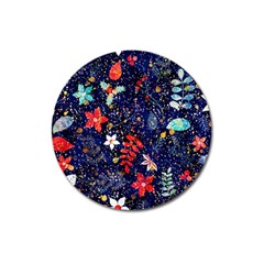 Festive Floral Pattern Christmas Blue Floral Flower Foliage Leaves Pattern Red Snow Winter Magnet 3  (round)