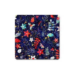 Festive Floral Pattern Christmas Blue Floral Flower Foliage Leaves Pattern Red Snow Winter Square Magnet