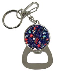 Festive Floral Pattern Christmas Blue Floral Flower Foliage Leaves Pattern Red Snow Winter Bottle Opener Key Chain