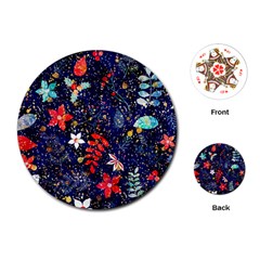 Festive Floral Pattern Christmas Blue Floral Flower Foliage Leaves Pattern Red Snow Winter Playing Cards Single Design (round)