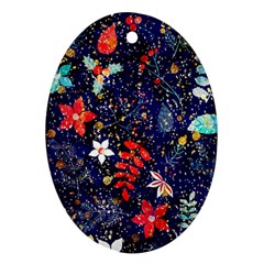 Festive Floral Pattern Christmas Blue Floral Flower Foliage Leaves Pattern Red Snow Winter Oval Ornament (two Sides)