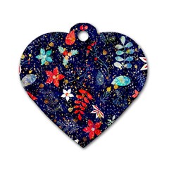 Festive Floral Pattern Christmas Blue Floral Flower Foliage Leaves Pattern Red Snow Winter Dog Tag Heart (two Sides)