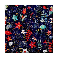 Festive Floral Pattern Christmas Blue Floral Flower Foliage Leaves Pattern Red Snow Winter Face Towel