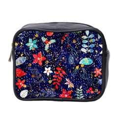 Festive Floral Pattern Christmas Blue Floral Flower Foliage Leaves Pattern Red Snow Winter Mini Toiletries Bag (two Sides) by Maspions