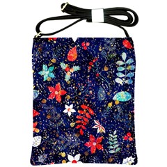 Festive Floral Pattern Christmas Blue Floral Flower Foliage Leaves Pattern Red Snow Winter Shoulder Sling Bag