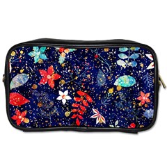 Festive Floral Pattern Christmas Blue Floral Flower Foliage Leaves Pattern Red Snow Winter Toiletries Bag (two Sides)