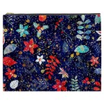 Festive Floral Pattern Christmas Blue Floral Flower Foliage Leaves Pattern Red Snow Winter Cosmetic Bag (XXXL) Front