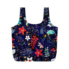 Festive Floral Pattern Christmas Blue Floral Flower Foliage Leaves Pattern Red Snow Winter Full Print Recycle Bag (m)