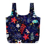 Festive Floral Pattern Christmas Blue Floral Flower Foliage Leaves Pattern Red Snow Winter Full Print Recycle Bag (L) Front