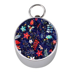 Festive Floral Pattern Christmas Blue Floral Flower Foliage Leaves Pattern Red Snow Winter Mini Silver Compasses