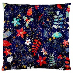 Festive Floral Pattern Christmas Blue Floral Flower Foliage Leaves Pattern Red Snow Winter Large Premium Plush Fleece Cushion Case (one Side)