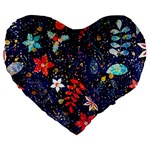 Festive Floral Pattern Christmas Blue Floral Flower Foliage Leaves Pattern Red Snow Winter Large 19  Premium Flano Heart Shape Cushions Front