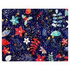 Festive Floral Pattern Christmas Blue Floral Flower Foliage Leaves Pattern Red Snow Winter Premium Plush Fleece Blanket (medium)