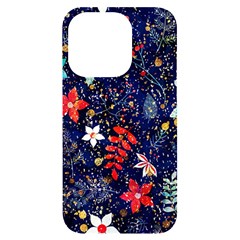 Festive Floral Pattern Christmas Blue Floral Flower Foliage Leaves Pattern Red Snow Winter Iphone 14 Pro Black Uv Print Case