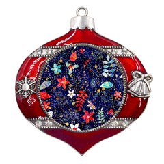 Festive Floral Pattern Christmas Blue Floral Flower Foliage Leaves Pattern Red Snow Winter Metal Snowflake And Bell Red Ornament